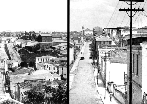 Rua da Assembleia entre 1911 e 1913 (esq.) / por volta de 1937 (dir.) — os Arcos já invisíveis sob as edificações